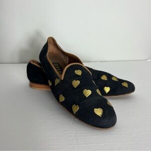 Zalo Smoking Slippers Loafers Flats Black Gold Hearts Size 10